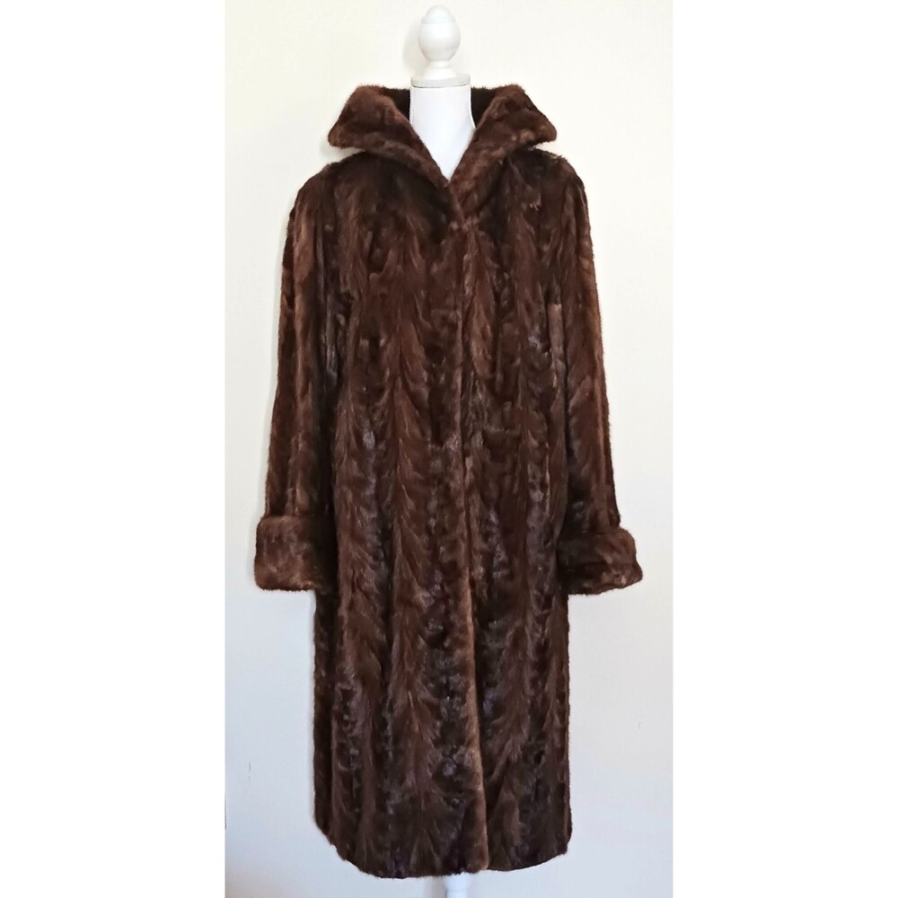 VTG 50s Brown Mink Coat Chevron Pattern Mink Tails Wide Collar Cuffs XL